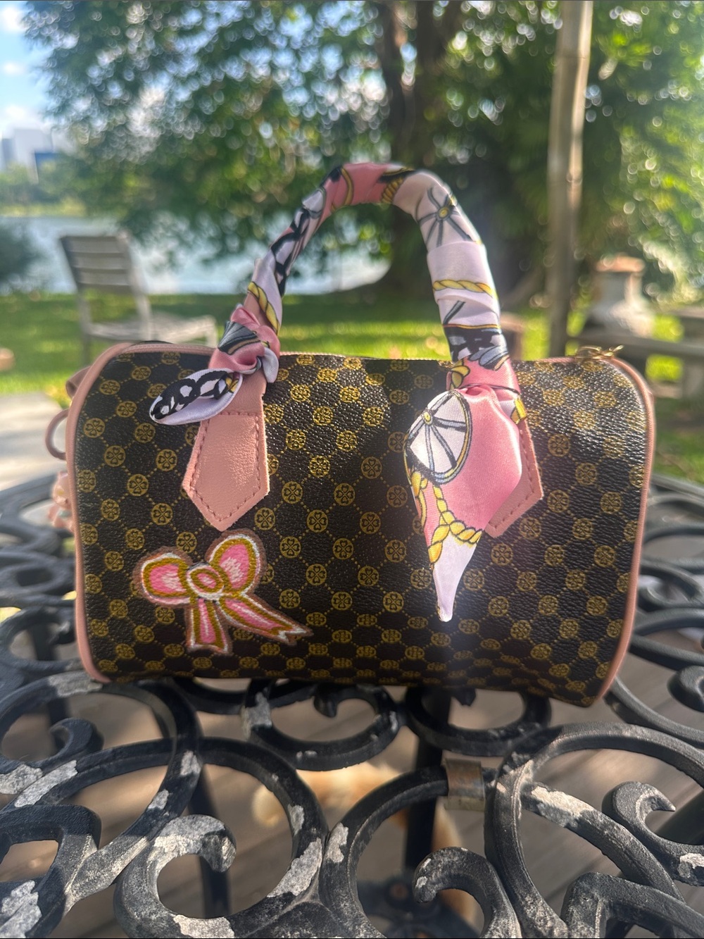 Designer-Style Pink Accent Monogram Satchel Handbag